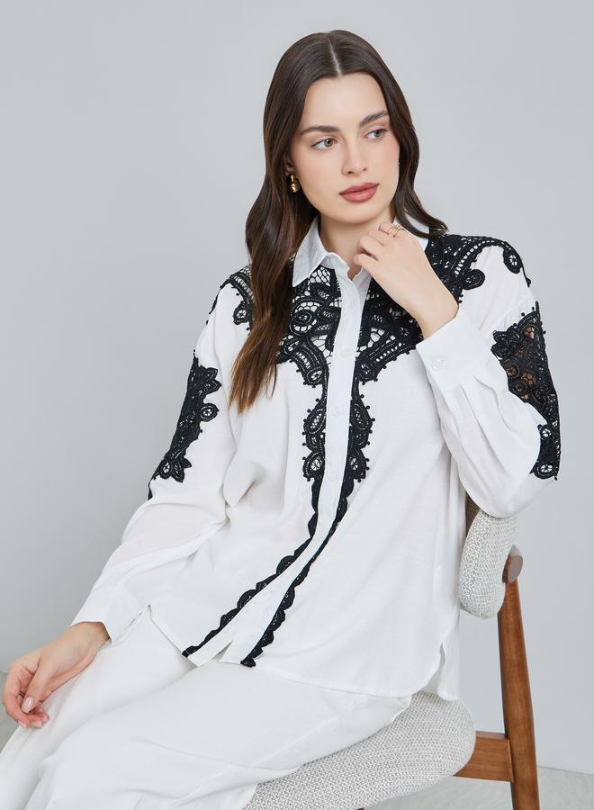 Styli Women White Lace Trim Shirt - Image 5